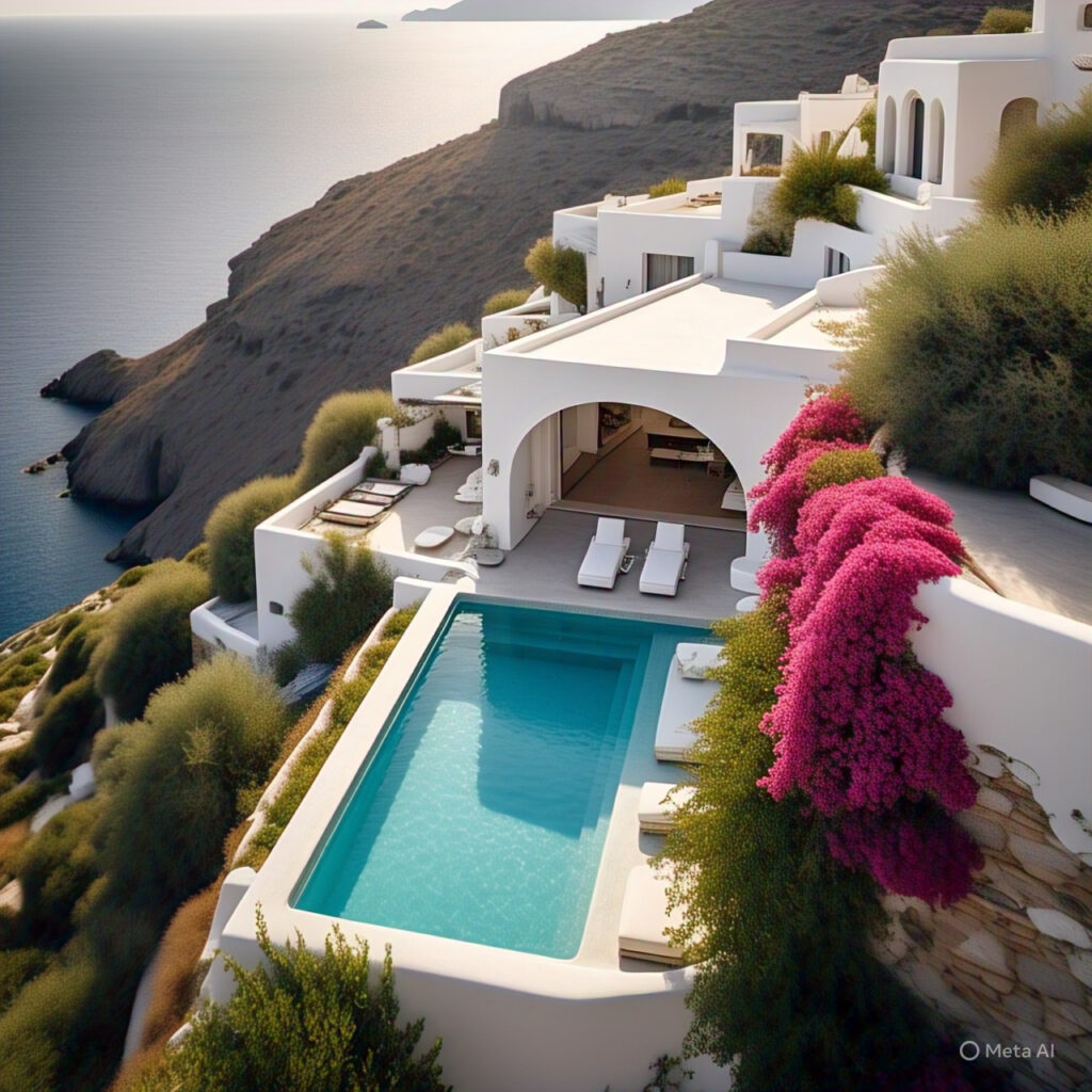 A breathtaking, minimalist whitewashed villa in Mykonos, showcasing perfect Cycladic architecture at twilight.