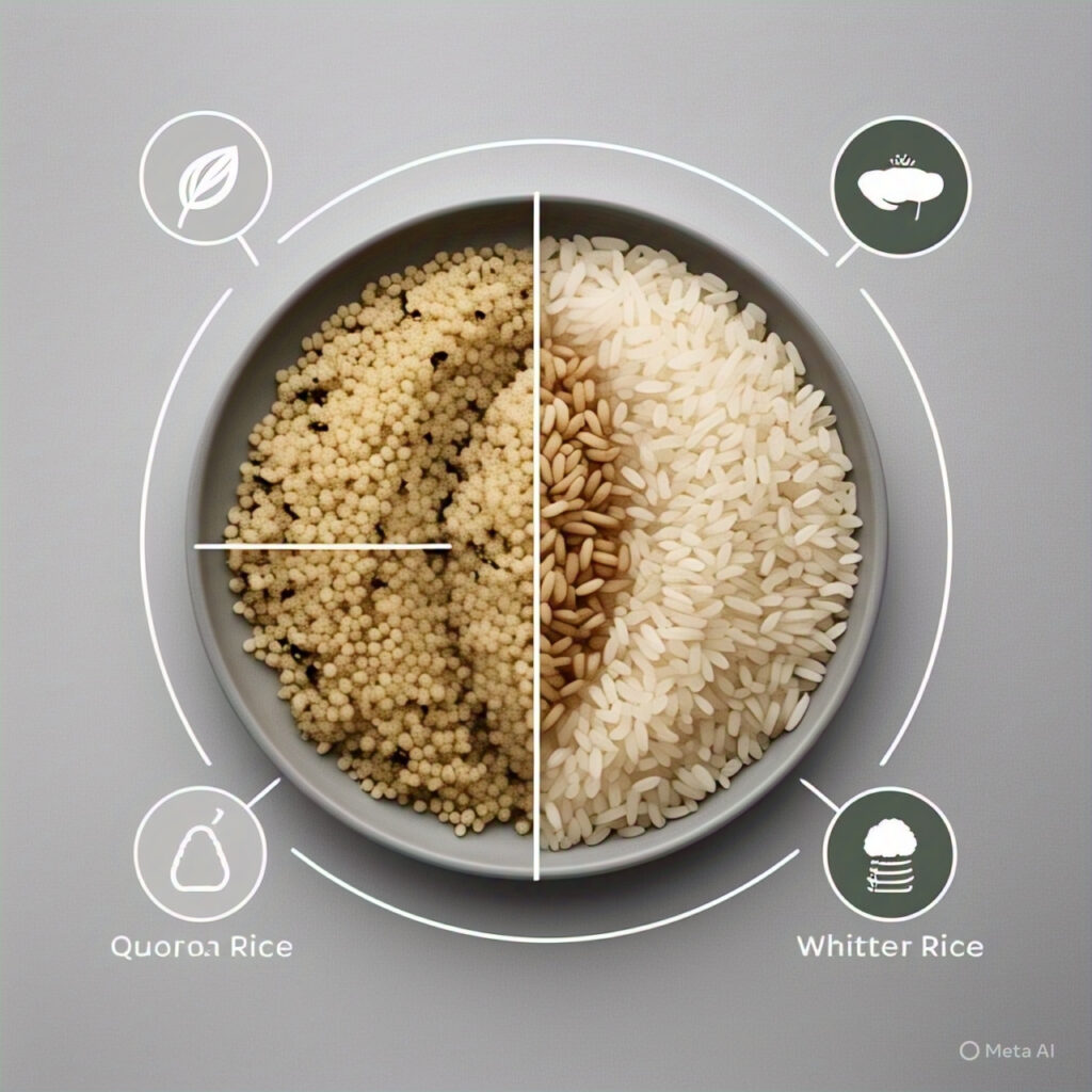 A split image showing the different culinary applications of brown rice in a stew and quinoa in a salad.