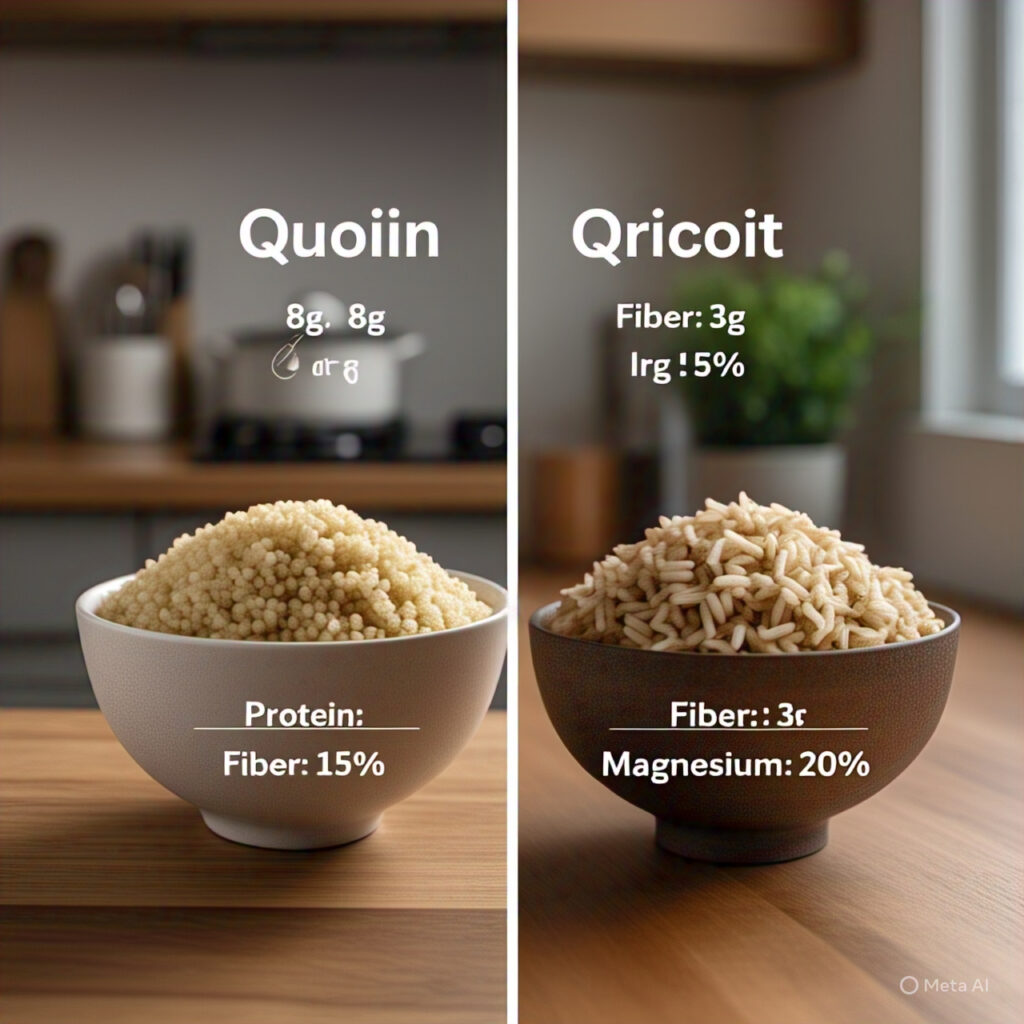 A visual representation of quinoa as a complete protein with all nine essential amino acids, compared to brown rice's incomplete profile.