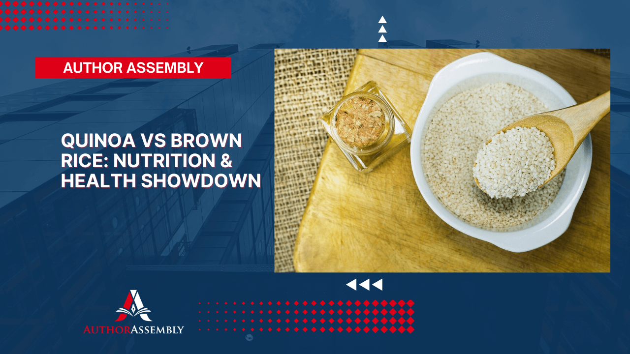 A side-by-side comparison of quinoa and brown rice in bowls with a clear infographic showing their key nutritional differences.