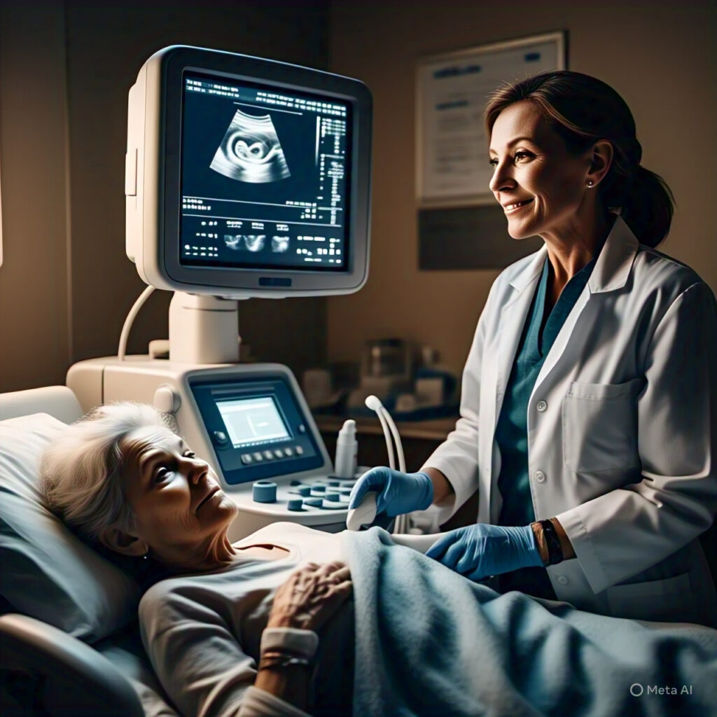A compassionate ultrasound tech talking to a patient during an examination, highlighting the human connection of the role.
