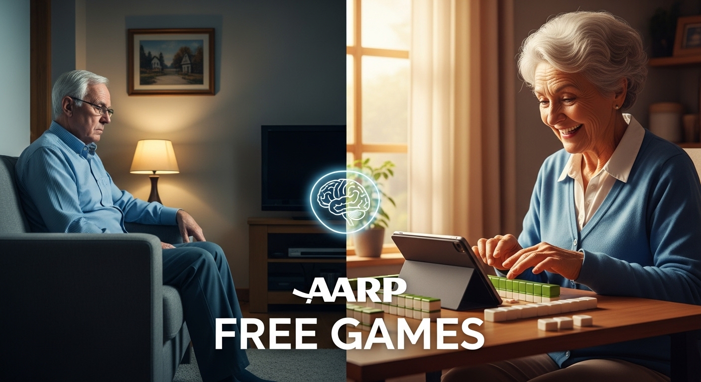 A split image showing a bored senior on the left, and the same person happily engaged and mentally stimulated playing AARP free games on a tablet on the right.