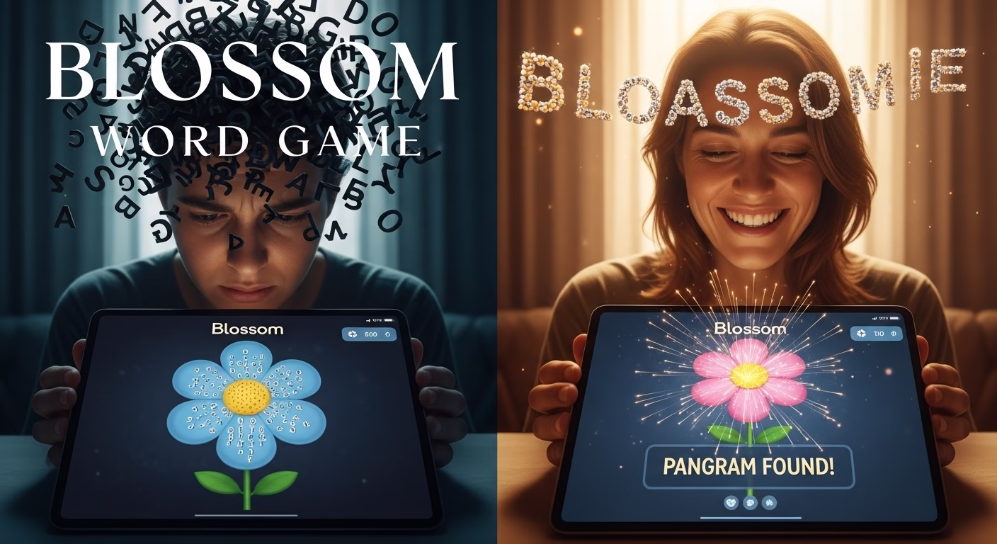 A split image showing a frustrated player stuck on the Blossom Word Game on the left, and the same player feeling triumphant after finding the pangram on the right.