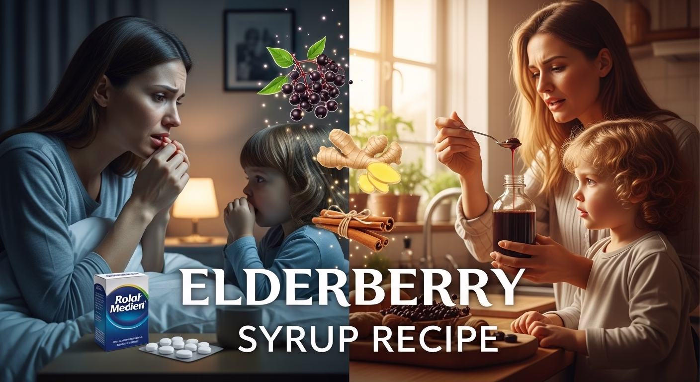 A split image showing a worried mother with cold medicine on the left, and an empowered mother serving homemade elderberry syrup to her healthy child on the right.