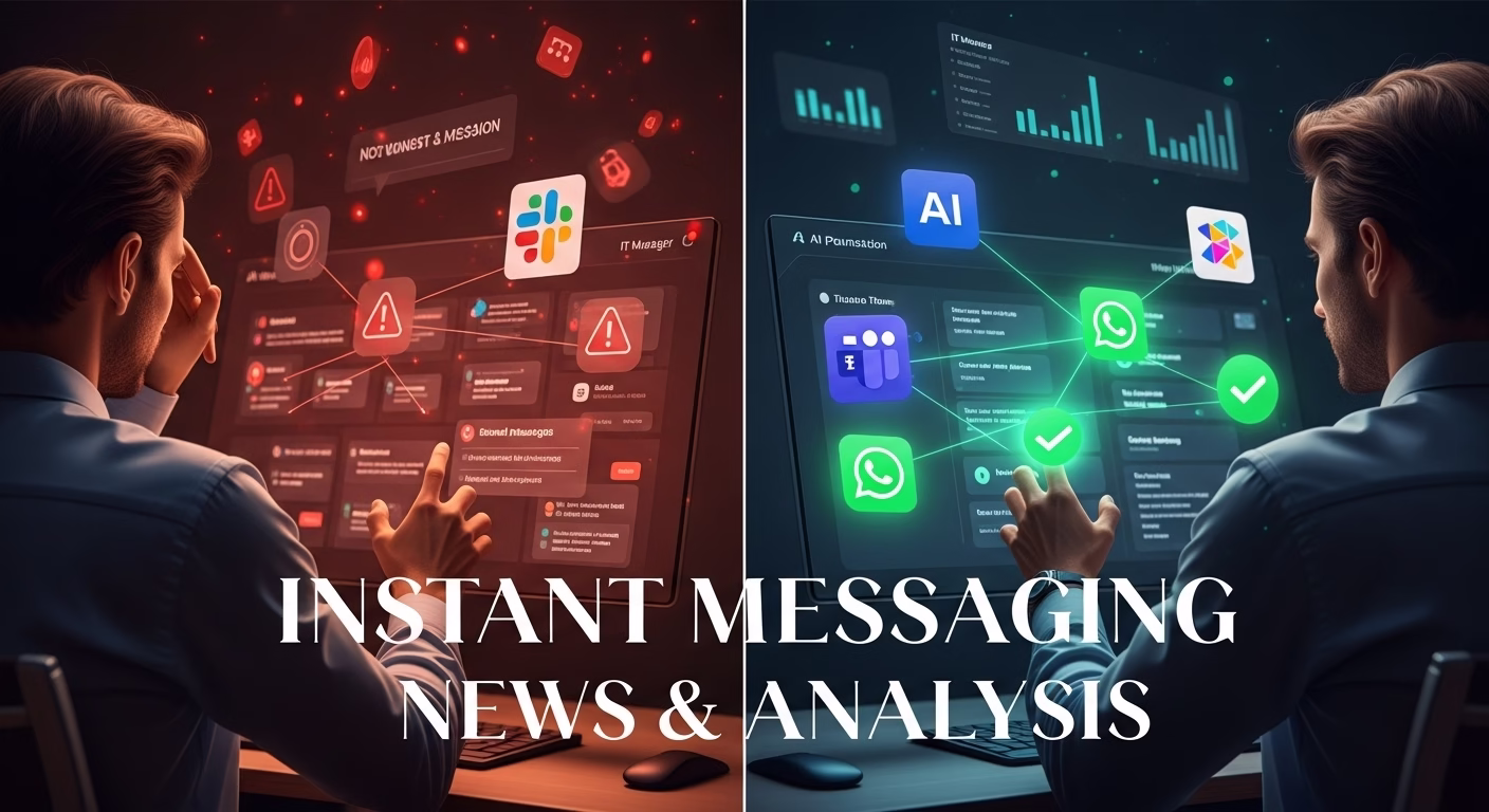 A split image showing an IT manager overwhelmed by disconnected communication tools on the left, and in control with a unified, AI-powered platform on the right.