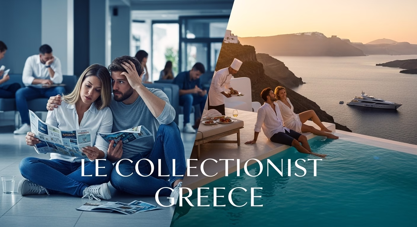A split image showing a bored couple in a hotel versus the same couple enjoying a perfect, private sunset at a luxury Le Collectionist villa in Greece.