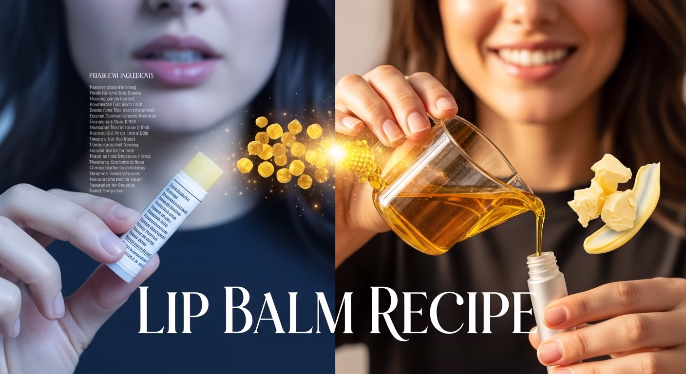 A split image showing the problem of chapped lips and chemical products on the left, and the solution of healthy lips with a natural, homemade lip balm on the right.