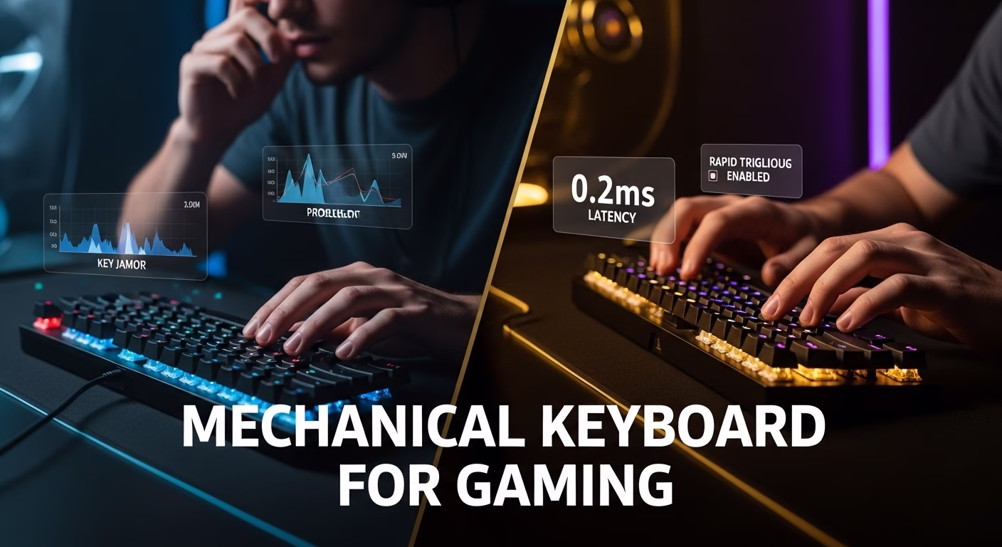 A split image showing a gamer frustrated by a slow membrane keyboard on the left, and winning with a fast, responsive mechanical keyboard for gaming on the right.