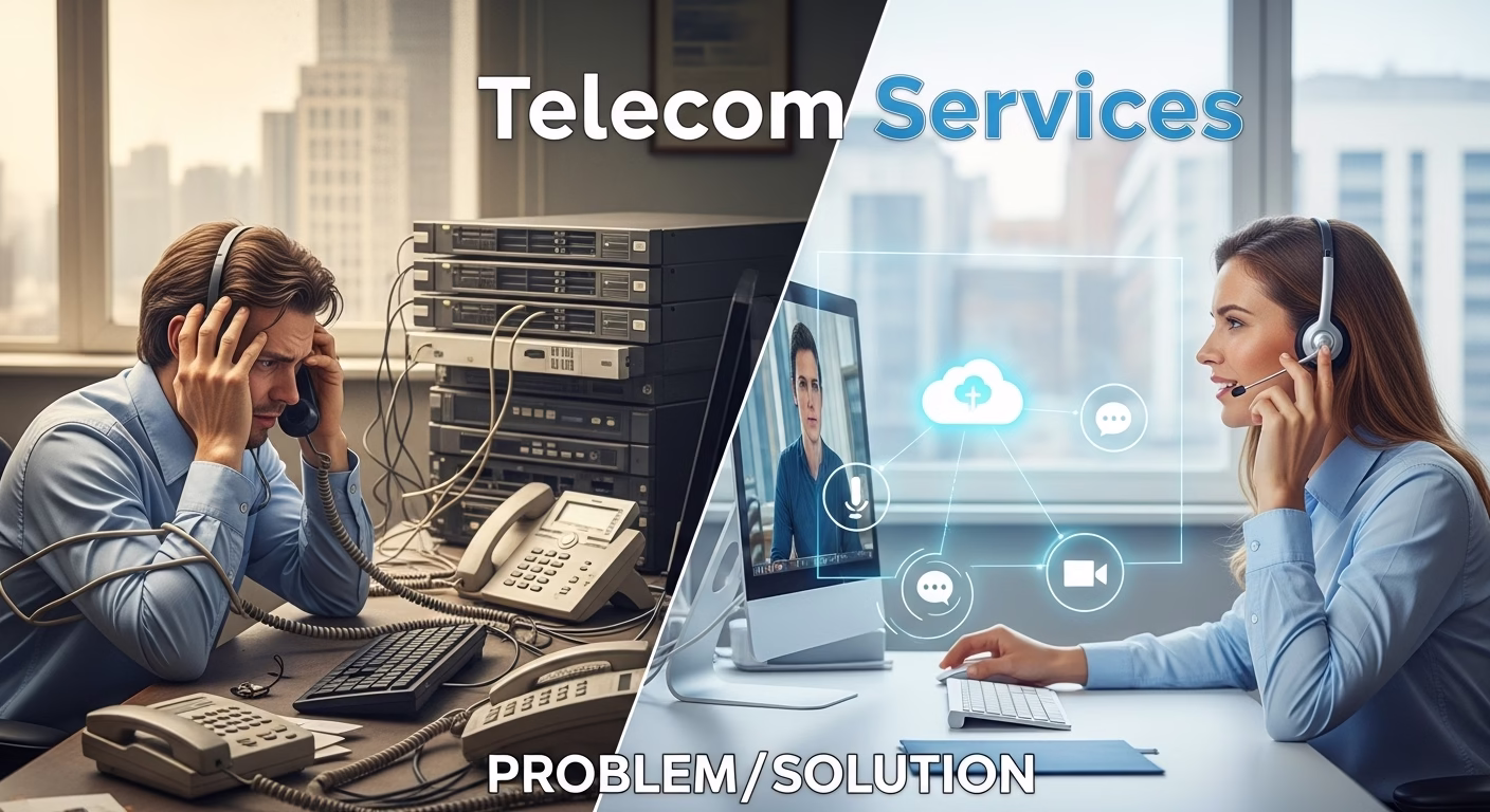 A split-screen image contrasting a messy, outdated office phone system with a clean, modern, unified cloud communication system.