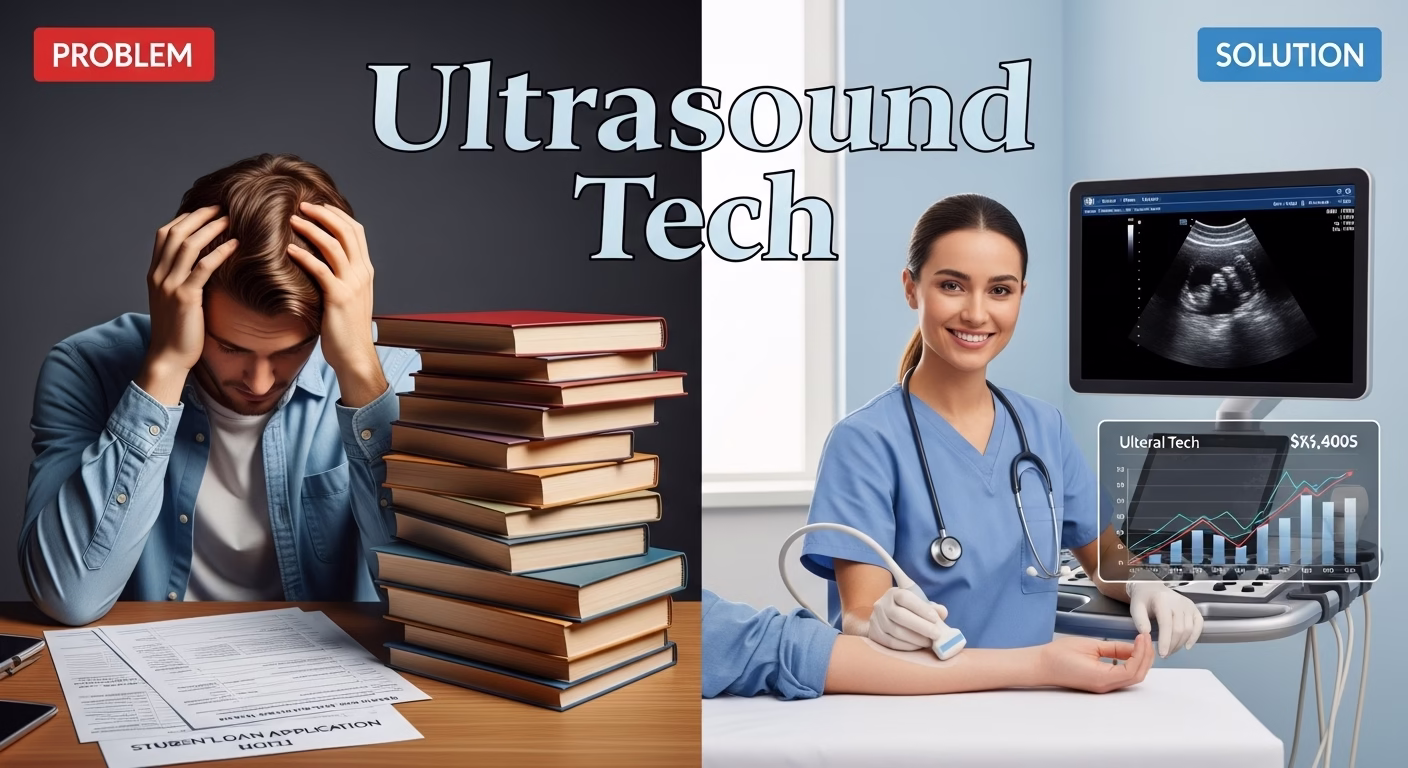 A split image contrasting the stress of medical school debt with the rewarding, high-paying career of an Ultrasound Technologist.