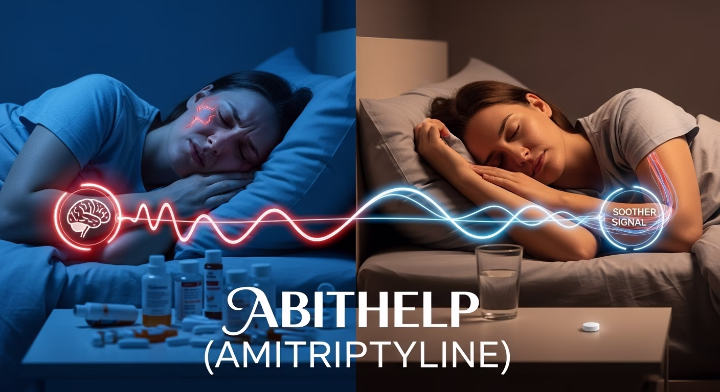 A split image showing a person in chronic pain on the left, and sleeping peacefully after taking Abithelp (Amitriptyline) for relief on the right.