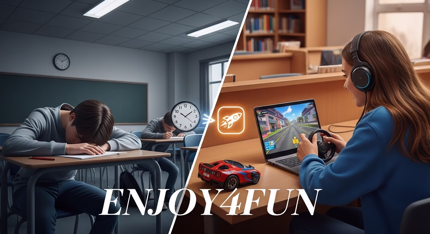 A split image showing a bored student in class on the left, and the same student happily playing Enjoy4Fun games on their Chromebook during a break on the right.