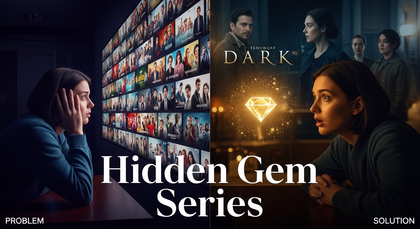 Split-screen contrasting a frustrated viewer endlessly scrolling Netflix with the same viewer captivated by a discovered hidden gem series.