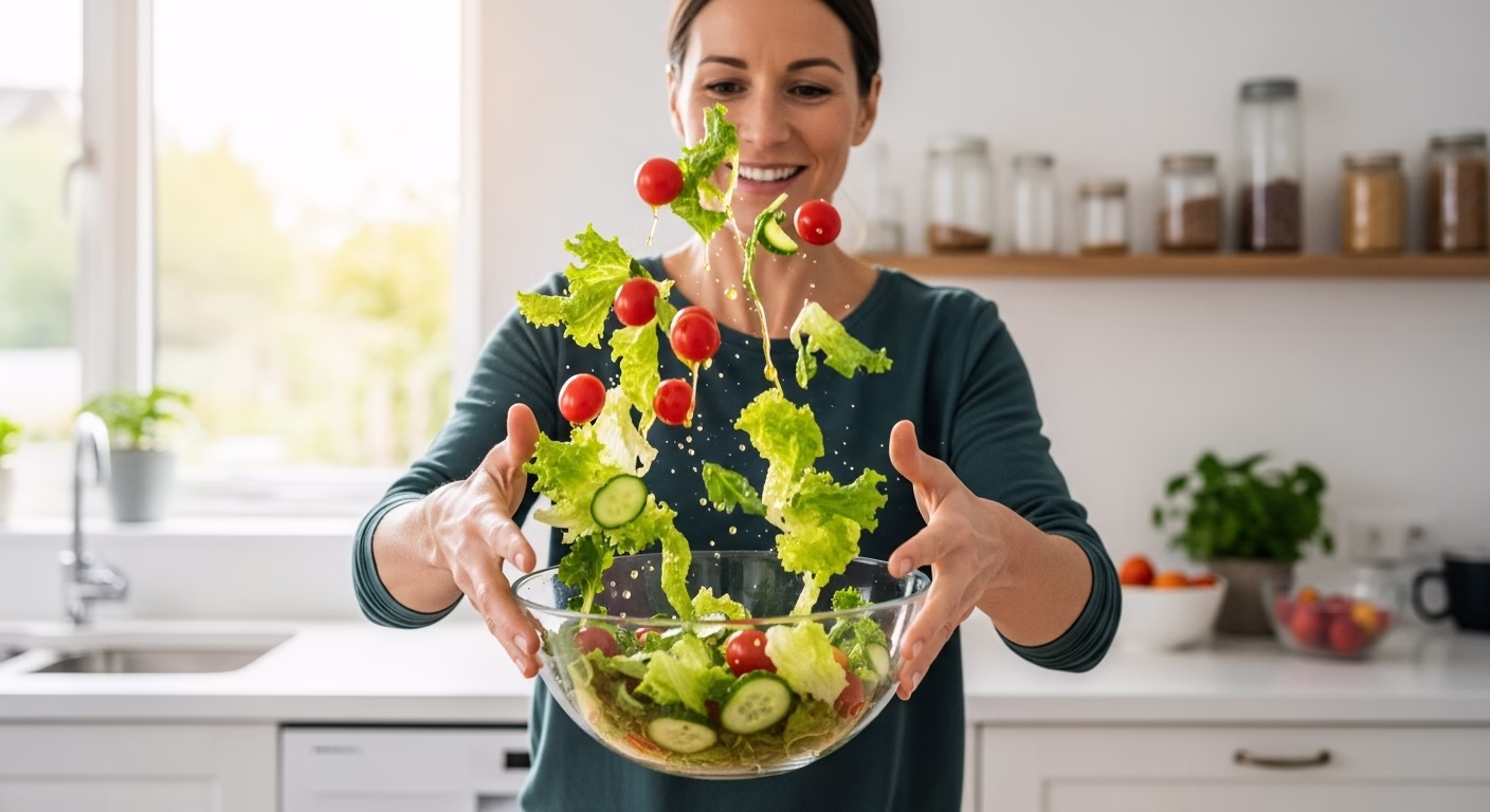 A dynamic action shot of a woman in her mid-30s laughing as she tosses a colorful salad in a sunlit kitchen.