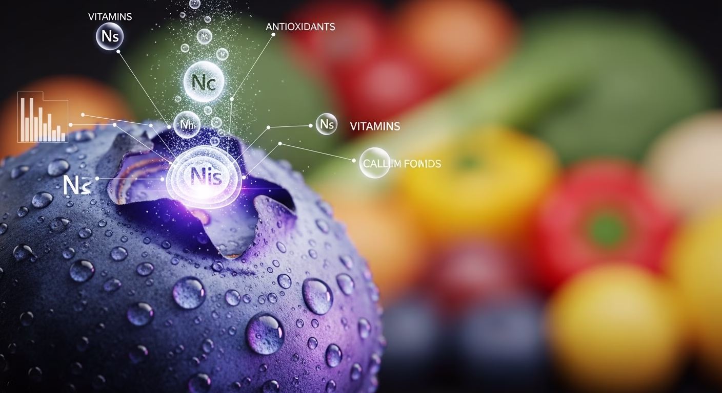 A macro photograph of a blueberry's skin, with glowing infographic lines showing vitamins and antioxidants being absorbed.