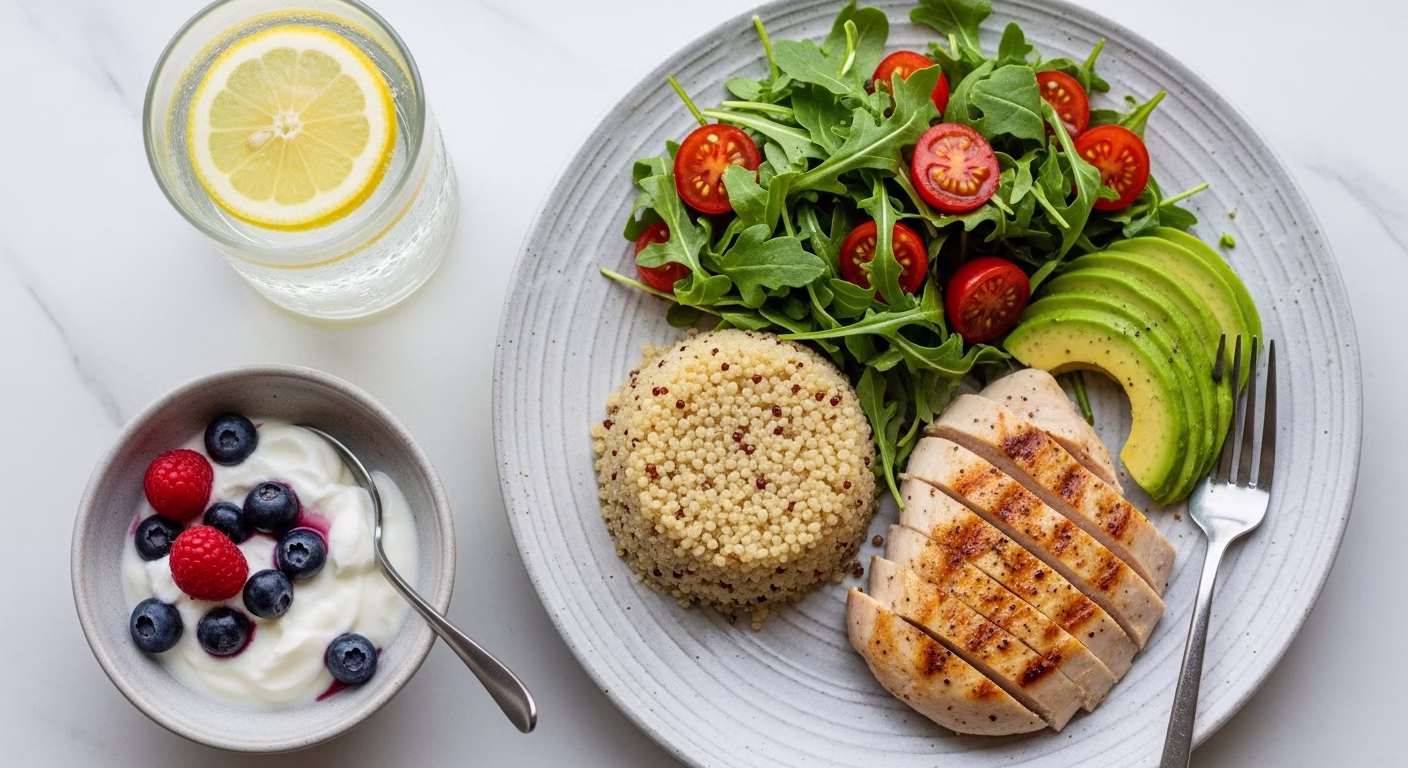 A top-down flat lay photograph of a beautifully arranged, healthy meal in a bowl, ready to be eaten.