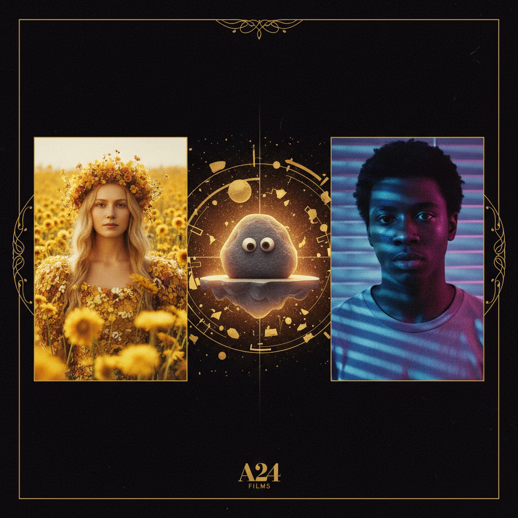 A split-screen artistic collage featuring characters from Midsommar, Moonlight, and Everything Everywhere All At Once.