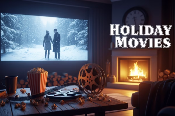 A cozy room with a film reel and popcorn on a wooden table, representing the best holiday movies.