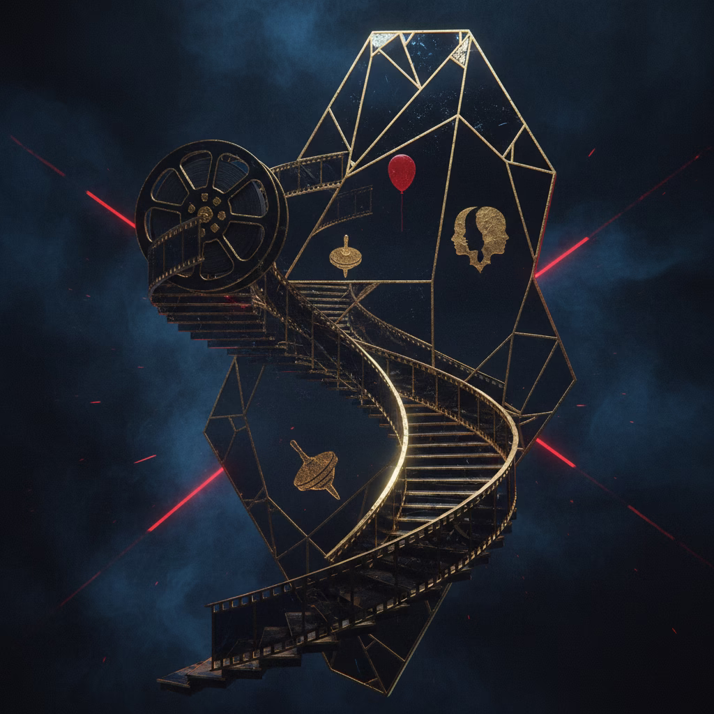 Abstract cinematic illustration of a film reel spiraling into a shattered mirror, symbolizing mind-bending plot twists.