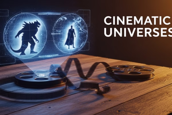 A cinematic film reel on a wooden table projecting a holographic map of various cinematic universes.