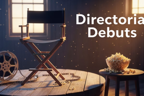 A cinematic setup with a director's chair and film reel on a wooden table representing the most impressive directorial debuts.
