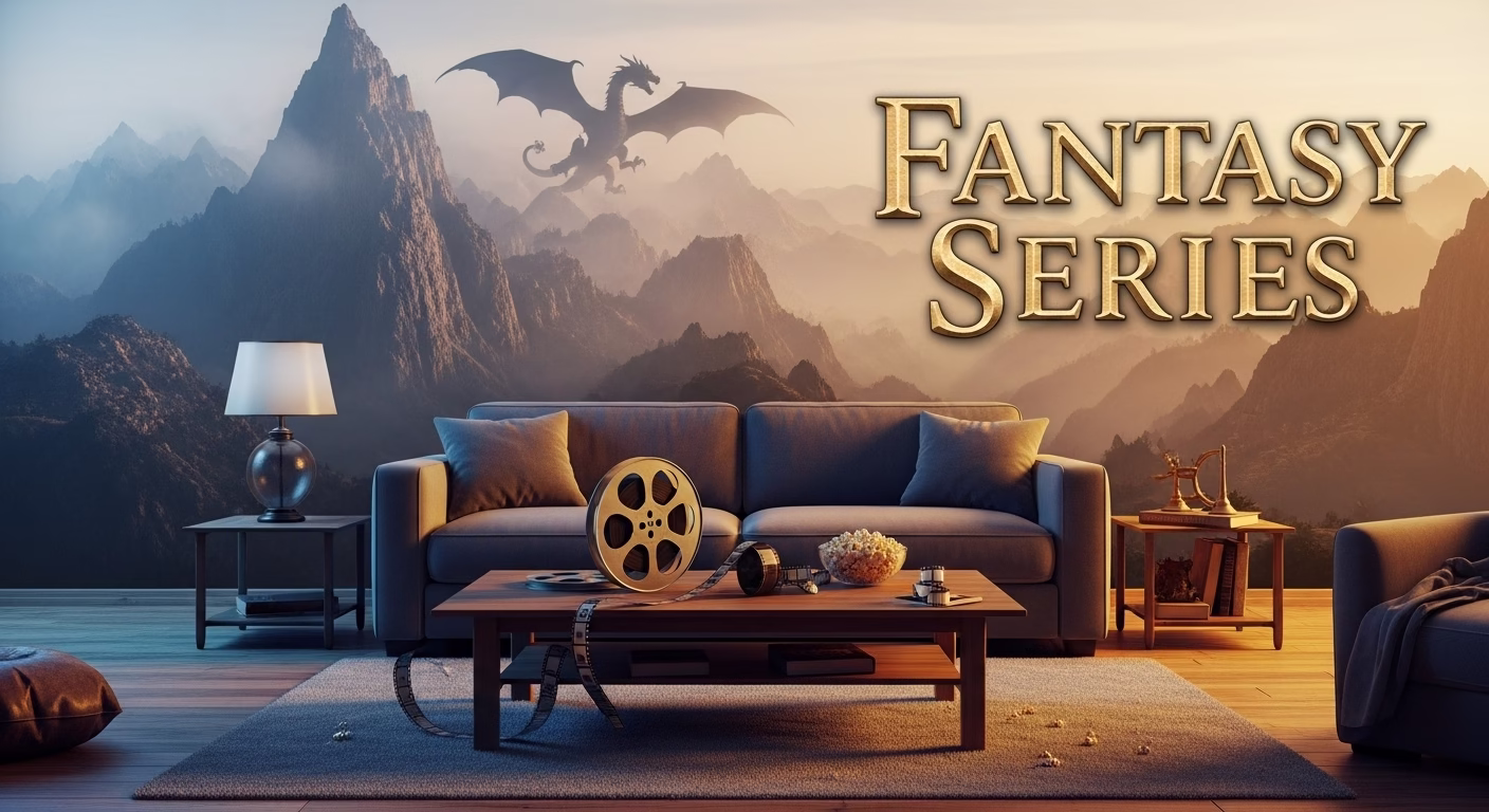 A person’s living room transforming into a fantasy mountain landscape, representing the escape into a fantasy series.