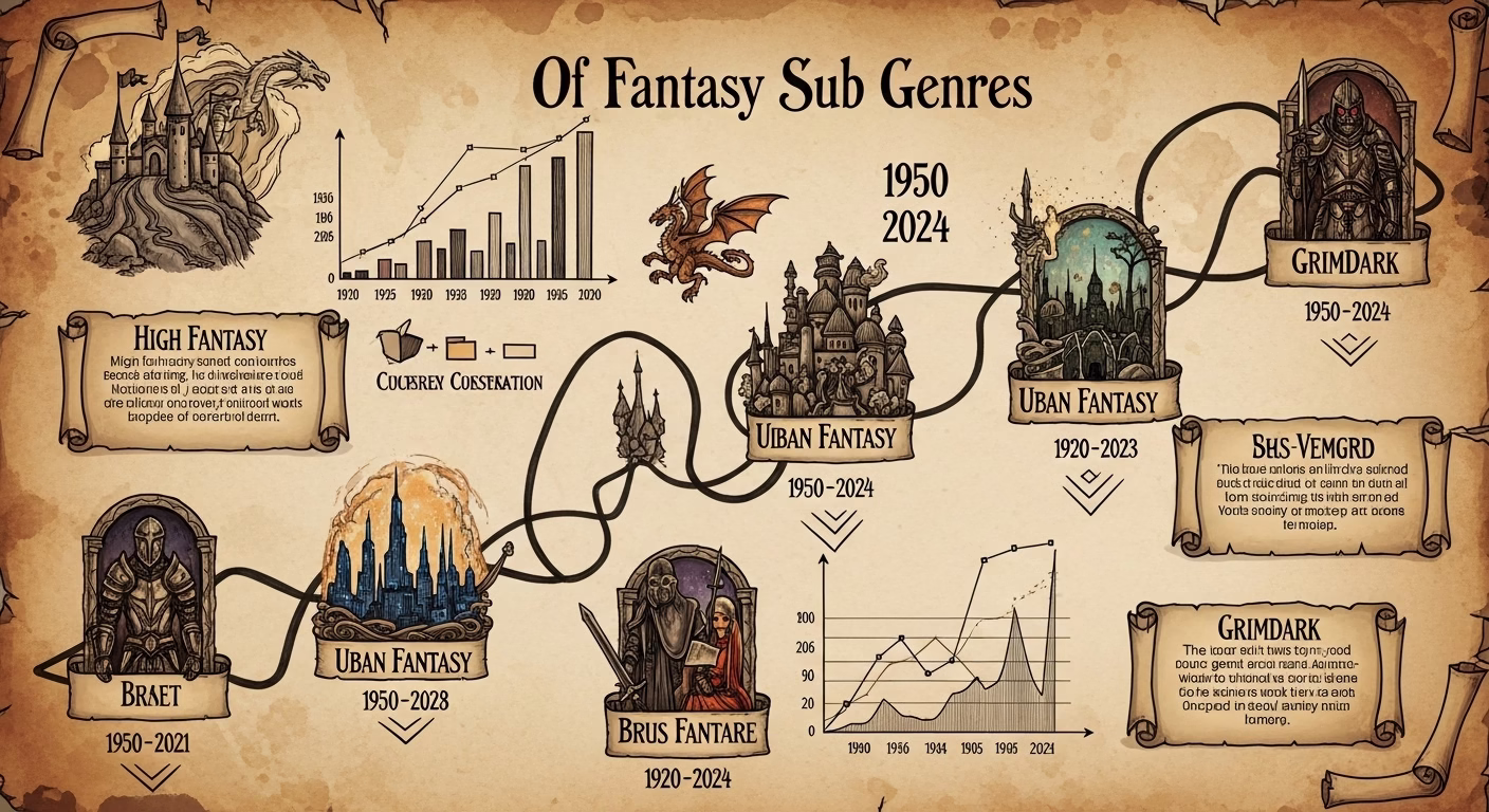 A hand-drawn timeline showing the historical evolution of the fantasy series genre.