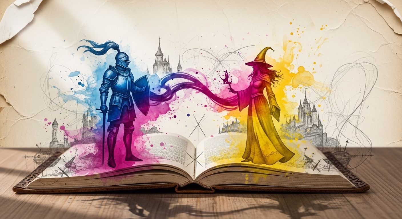 Artistic illustration of magic flowing from an open fantasy book.