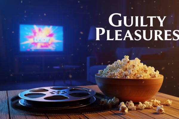 A cinematic setup of a film reel and popcorn on a wooden table, representing the joy of guilty pleasure movies.