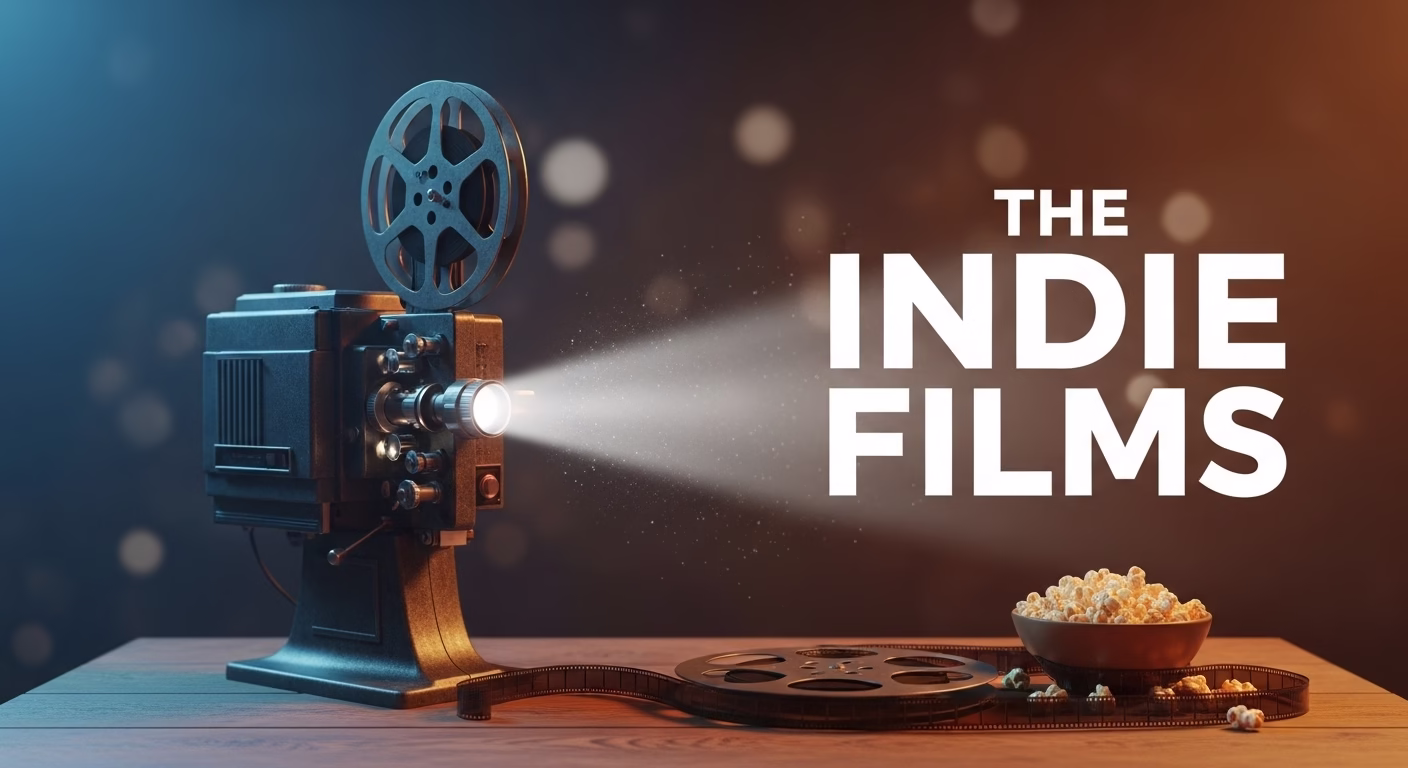 A cinematic film projector and popcorn on a wooden table representing the best indie films of the year.