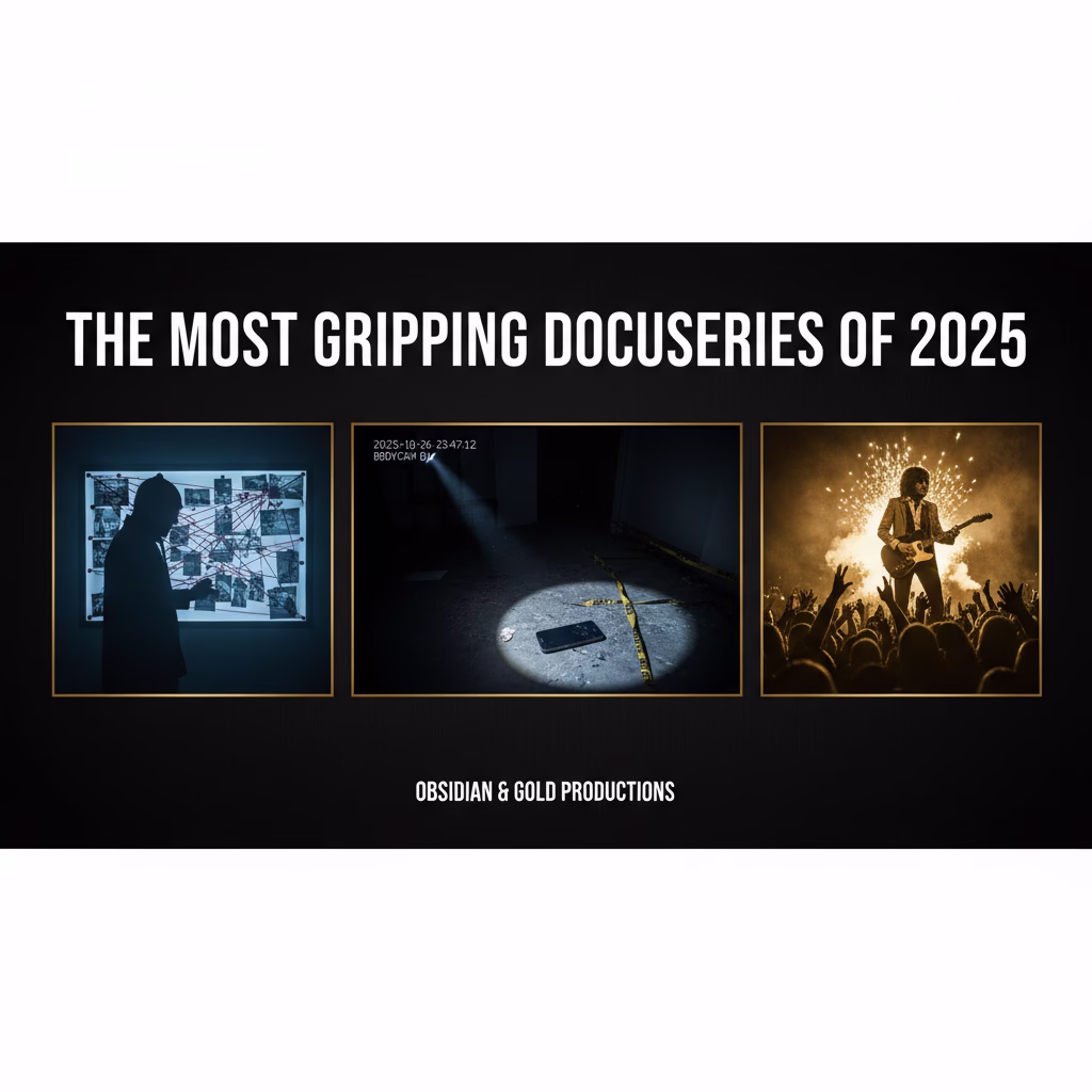 A cinematic collage showing various scenes from current top-rated documentary series on streaming platforms.