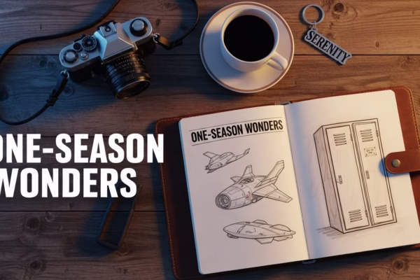 A cinematic flat lay of a camera and journal representing the research into one-season wonders.