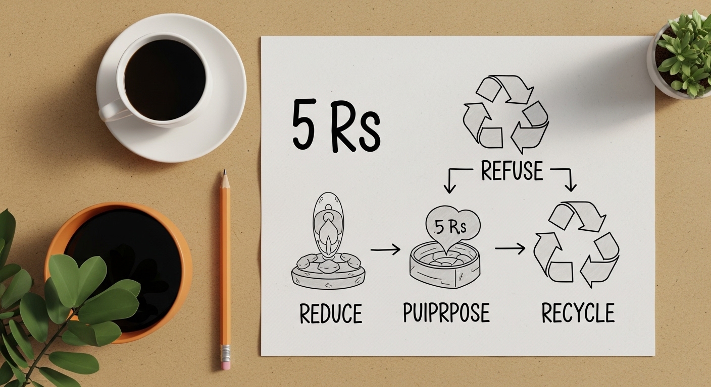 A hand-drawn infographic on recycled paper showing the 5 Rs of sustainable living.
