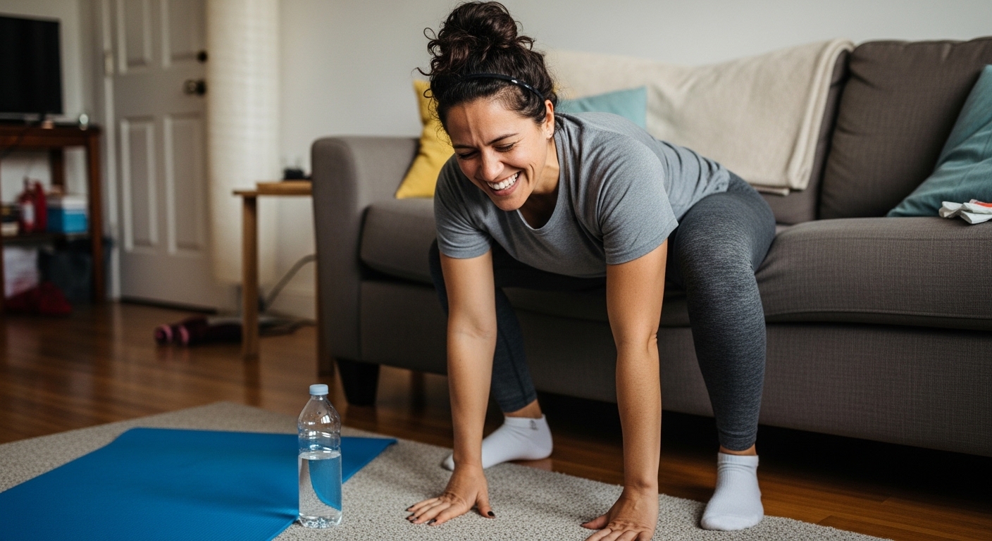 A person relaxing on a yoga mat in their living room after a 15-minute HIIT session, showing a sense of accomplishment.
