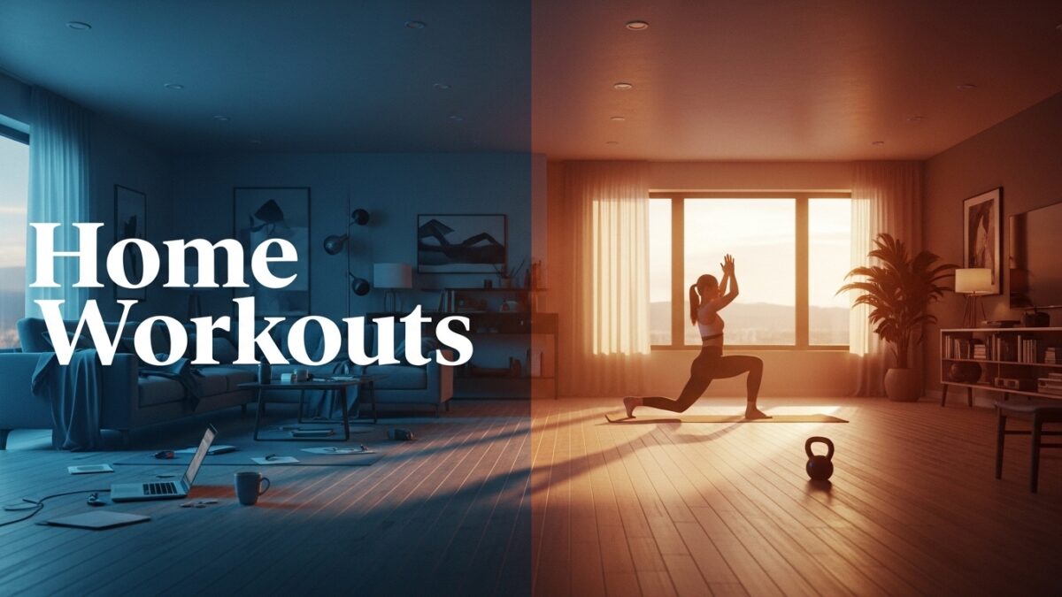 A person performing a focused home workout in a sun-lit living room, illustrating the balance of fitness and home life.