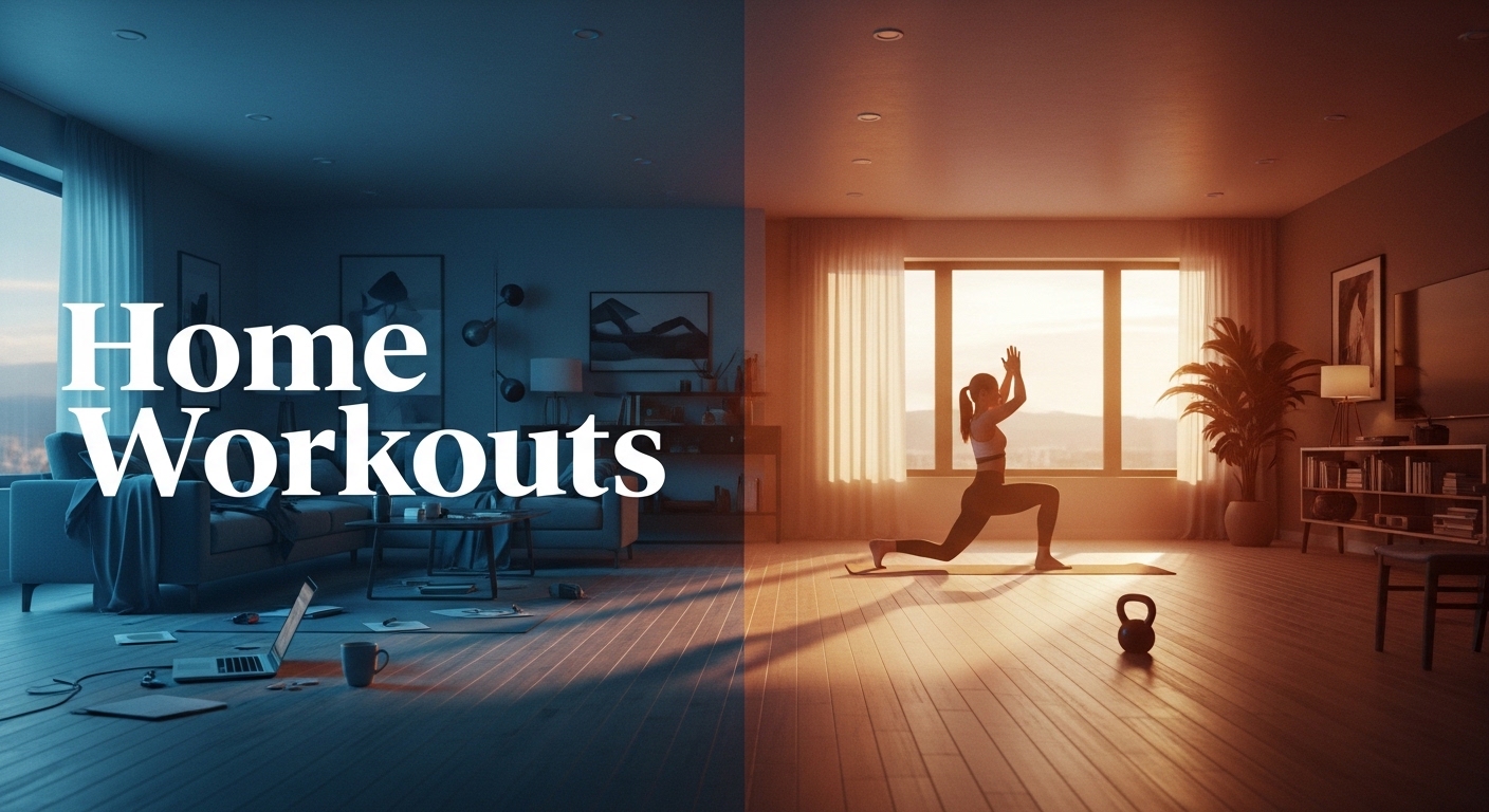A person performing a focused home workout in a sun-lit living room, illustrating the balance of fitness and home life.